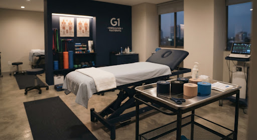 Modern physical therapy and sports recovery training room showing gym equipment, exercise balls, foam rollers, agility ladder on green artificial grass turf, pristine clean clinic background with natural light, professional sports rehabilitation clinic.